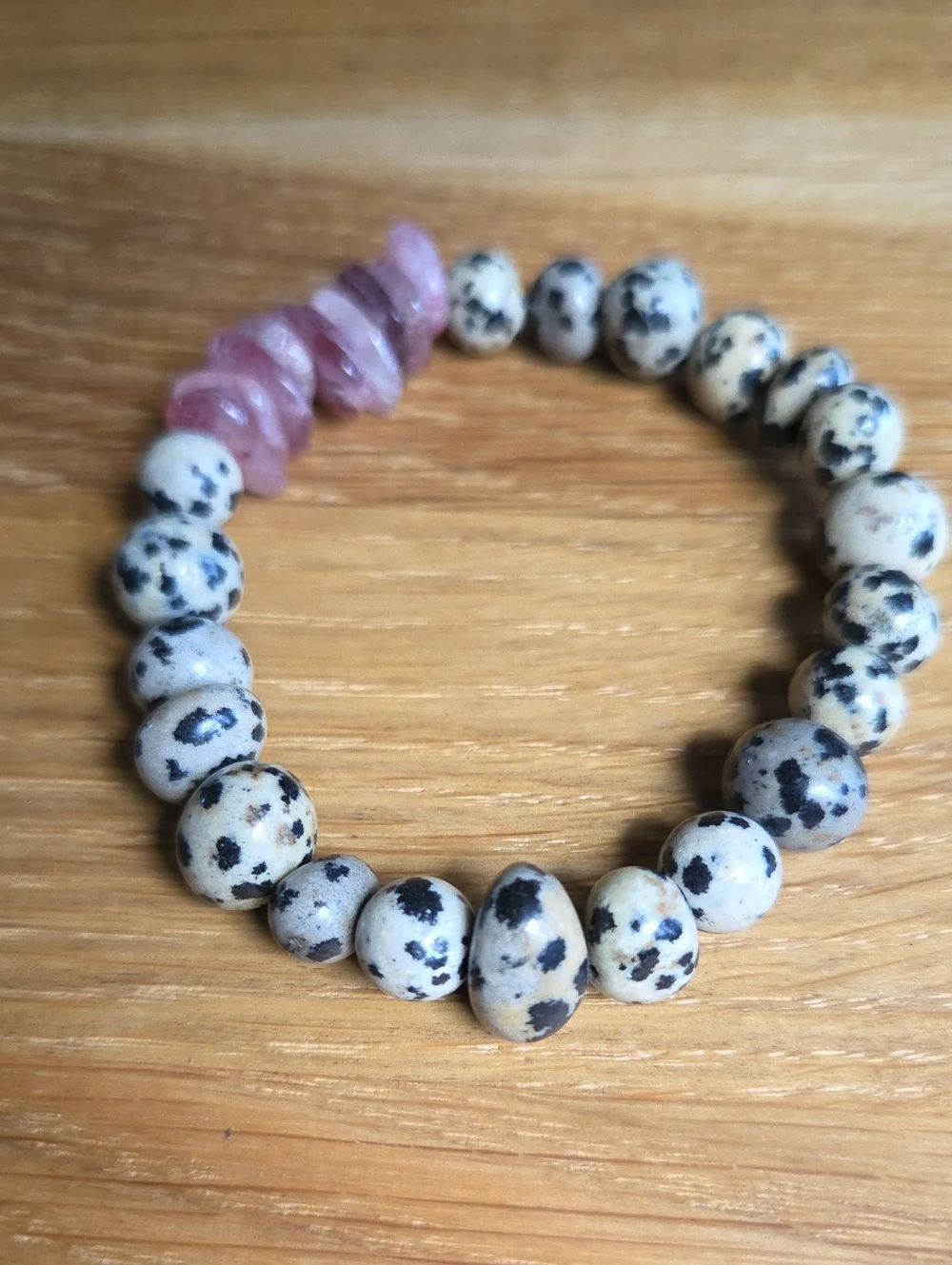 Dalmatian Jasper & Strawberry Quartz Beaded Stretch Bracelet | Handmade
